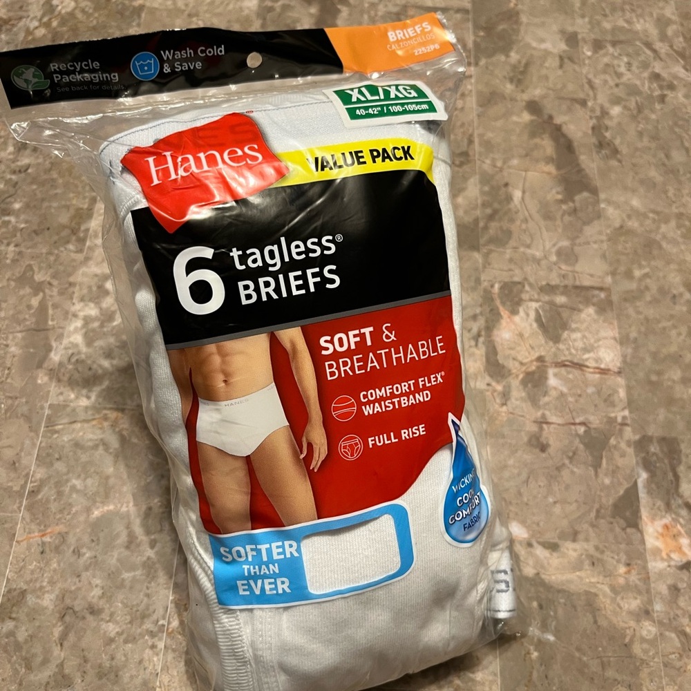 Hanes Briefs 6-Pack Men's Tagless Underwear XL ComfortSoft Waistband Wicking